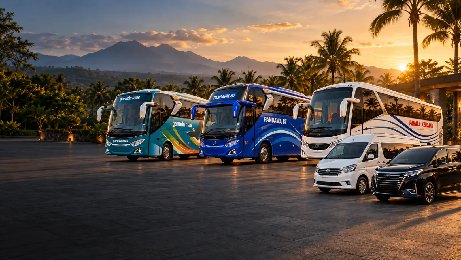 Komposisi bus Garuda Mas, Pandawa 87, dan Pahala Kencana dari foto referensi, bersama minibus dan mobil