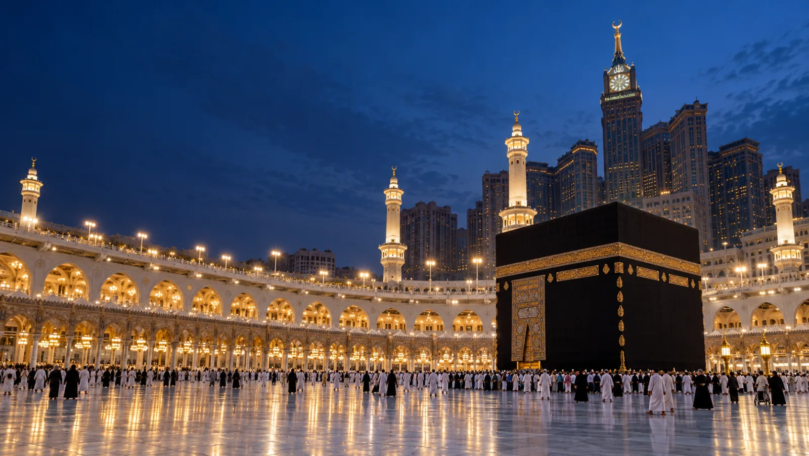 Ilustrasi Kaabah di Masjidil Haram, Makkah, menjelang malam
